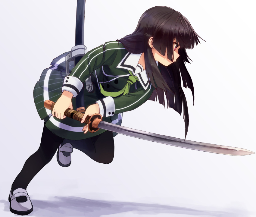 1girl bangs black_hair black_legwear closed_mouth dress fr33 from_side full_body gradient gradient_background green_dress green_neckwear grey_background hair_ribbon heijou_institute_school_uniform highres holding holding_sword holding_weapon juujou_hiyori katana leaning_forward leg_up long_hair long_sleeves neckerchief pantyhose pleated_dress print_dress red_eyes ribbon sailor_dress scabbard school_uniform sheath shoes short_dress single_horizontal_stripe solo standing standing_on_one_leg straight_hair sword toji_no_miko uwabaki weapon white_footwear