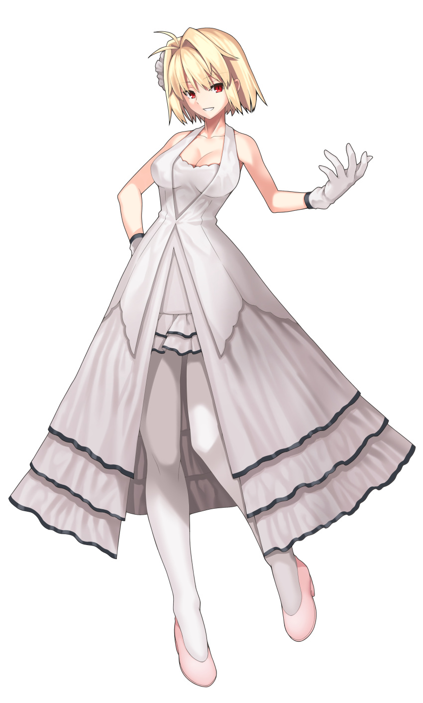 1girl absurdres arcueid_brunestud blonde_hair breasts cleavage collarbone dress eyebrows_visible_through_hair full_body gloves grin hair_intakes hair_ornament hand_on_hip highres large_breasts nightgown pantyhose pumps red_eyes short_hair smile solo transparent_background tsukihime white_dress white_footwear white_gloves white_legwear z1004ero