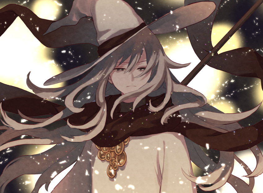 brown_scarf deegoo frown grey_eyes hat long_hair looking_at_viewer miracera_master_of_the_magic_institute outdoors pixiv_fantasia_last_saga scarf staff upper_body white_hair white_robe wind wizard_hat