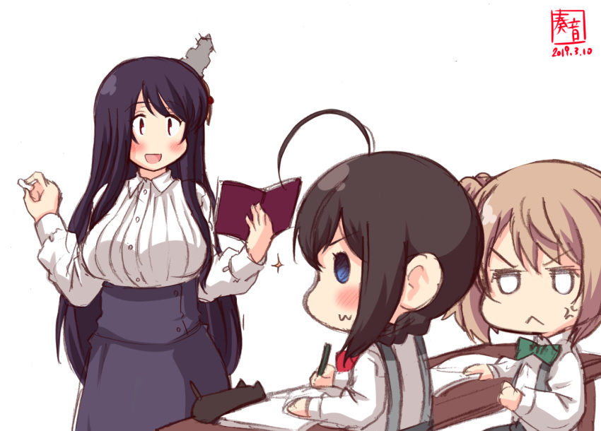 3girls :3 ahoge alternate_costume anger_vein artist_logo bangs black_hair blush book braid chalk child dated desk fusou_(kantai_collection) hair_bun hair_ornament hair_over_shoulder holding holding_book kanon_(kurogane_knights) kantai_collection light_brown_hair long_hair long_sleeves michishio_(kantai_collection) multiple_girls notebook open_book open_mouth pencil school_desk school_uniform shigure_(kantai_collection) short_hair short_twintails single_braid smile sparkle twintails white_background younger