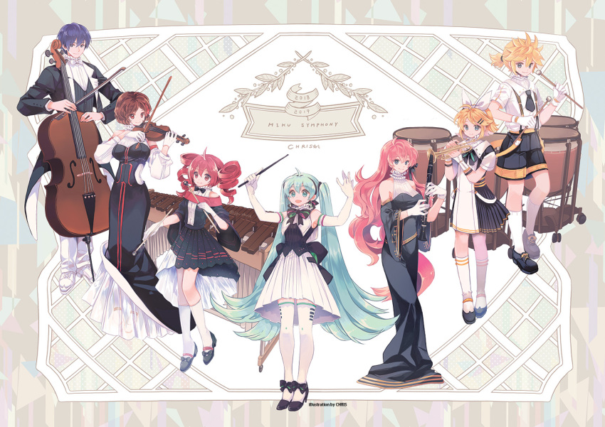 2018 2019 2boys 5girls :d artist_name baton_(instrument) black_ribbon blonde_hair blue_eyes blue_hair bow bow_(instrument) bowtie brown_hair cello chris4708 clarinet commentary_request copyright_name detached_sleeves dress drill_hair drum drumsticks elbow_gloves eyebrows_visible_through_hair formal full_body gloves hair_ornament hair_ribbon hairclip hatsune_miku high_heels holding holding_instrument instrument kagamine_len kagamine_rin kaito kasane_teto long_dress long_hair marimba megurine_luka meiko miku_symphony_(vocaloid) multiple_boys multiple_girls music open_mouth outstretched_arms pink_hair redhead ribbon short_dress short_hair sleeveless sleeveless_dress smile socks standing thigh-highs trumpet twintails utau very_long_hair violin vocaloid white_dress white_gloves white_legwear white_neckwear white_ribbon