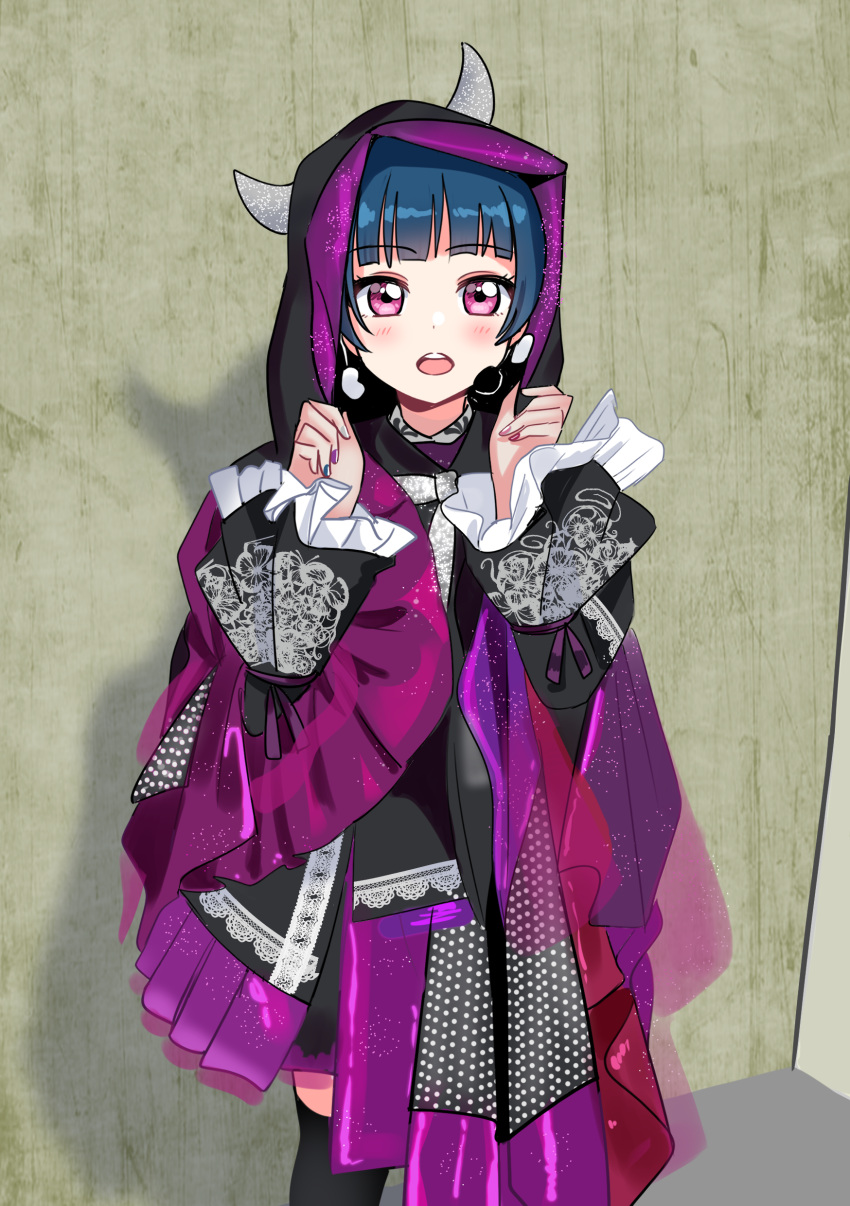 1girl :o absurdres bangs black_legwear blue_hair deadnooodles earrings flower frilled_sleeves frills highres hood hood_up hooded_robe horned_hood indoors jewelry kobayashi_aika lace long_sleeves looking_at_viewer love_live! love_live!_sunshine!! multicolored multicolored_nails nail_polish photo-referenced polka_dot purple_flower purple_rose rose seiyuu_connection solo thigh-highs tsushima_yoshiko