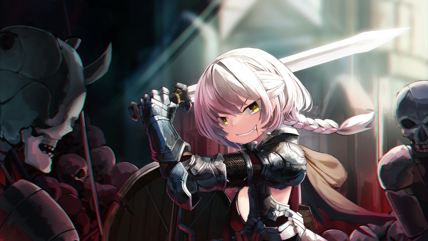 +_+ 1girl armor blood braid chromatic_aberration commentary fang fantasy highres holding holding_sword holding_weapon natori_youkai original shield skeleton smirk sword weapon white_hair yellow_eyes