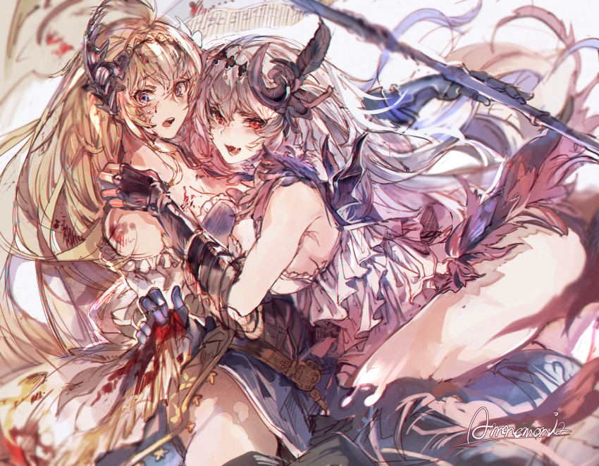 2girls absurdres am_(nmc_cc) ass bare_shoulders battle_standard blonde_hair blood blood_on_breasts blood_on_face bloody_clothes blue_eyes blush boots breasts camisole collarbone dark_jeanne dual_persona feathers gauntlets granblue_fantasy hair_between_eyes hair_feathers hair_ornament hairband highres huge_filesize jeanne_d'arc_(granblue_fantasy) long_hair looking_at_viewer multiple_girls open_mouth red_eyes saliva sideboob signature skirt_hold tears white_hair