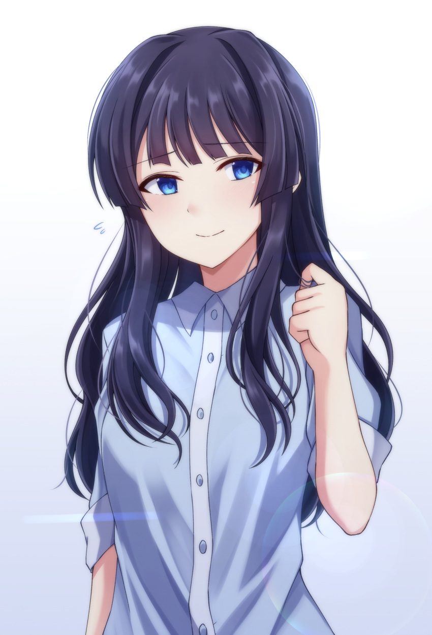 1girl black_hair black_rabbit blue_eyes blue_shirt dress_shirt eyebrows_visible_through_hair hair_over_shoulder hair_twirling highres idolmaster idolmaster_million_live! long_hair looking_at_viewer mogami_shizuka shiny shiny_hair shirt sleeves_rolled_up smile solo standing upper_body very_long_hair white_background