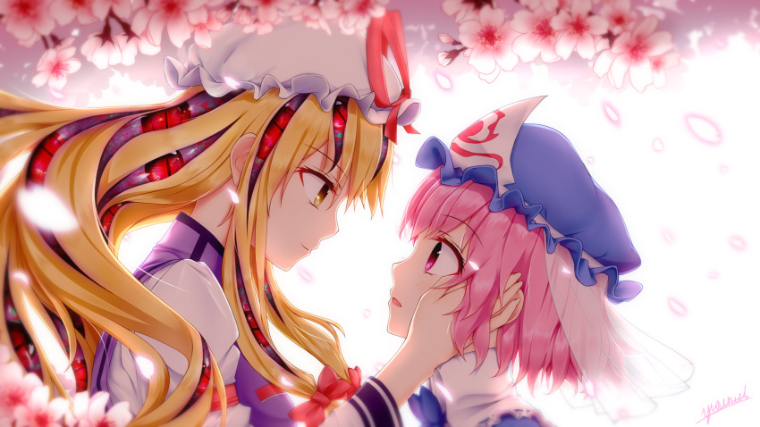 2girls backlighting bangs blonde_hair blue_bow blue_hat blurry blush bow bowtie cherry_blossoms closed_mouth commentary_request depth_of_field eye_contact eyeball eyebrows_visible_through_hair eyes frilled_shirt_collar frills from_side gap glowing hair_bow hand_in_another's_hair hand_on_another's_cheek hand_on_another's_face hand_up hat hat_ribbon highres juliet_sleeves long_hair long_sleeves looking_at_another low-tied_long_hair mob_cap multiple_girls open_mouth petals pink_eyes pink_hair profile puffy_sleeves red_bow red_eyes red_ribbon ribbon saigyouji_yuyuko see-through short_hair sidelocks signature smile staring tabard touhou triangular_headpiece upper_body veil vh(yuv-achi) white_hat wide_sleeves yakumo_yukari yellow_eyes