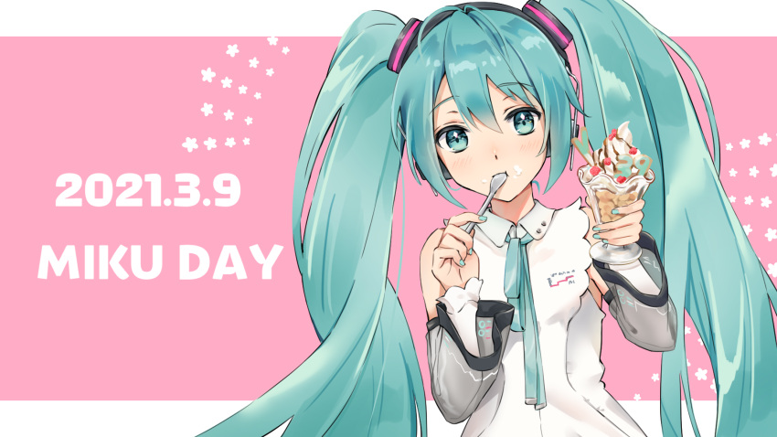 1girl blue_eyes blue_hair blue_nails blue_ribbon border collared_shirt detached_sleeves grey_sleeves hair_between_eyes hatsune_miku headphones highres holding holding_spoon iluka_(ffv7) letterboxed long_hair long_sleeves looking_at_viewer miku_day nail_polish neck_ribbon pink_background ribbon see-through see-through_sleeves shirt sleeveless sleeveless_shirt solo spoon twintails upper_body very_long_hair vocaloid white_border white_shirt wing_collar