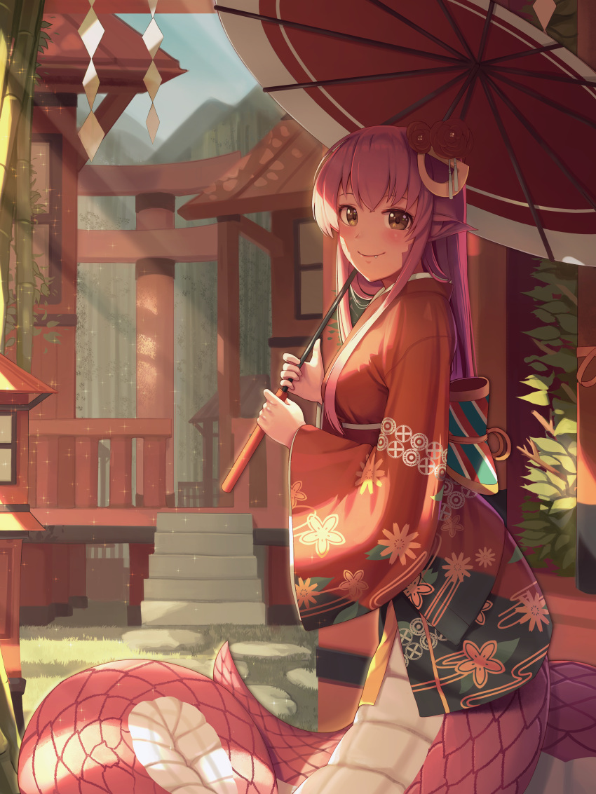 1girl absurdres bamboo blush breasts brown_eyes closed_mouth day eyebrows_visible_through_hair fang flower goback hair_flower hair_ornament hairclip highres holding holding_umbrella japanese_clothes kimono lamia large_breasts long_hair looking_at_viewer miia_(monster_musume) monster_girl monster_musume_no_iru_nichijou oriental_umbrella outdoors pointy_ears railing redhead smile solo stairs torii umbrella