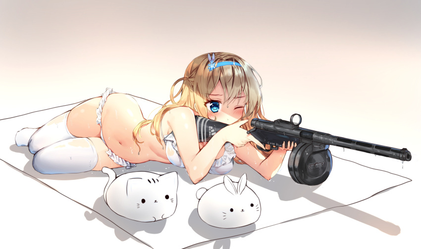 1girl ;t absurdres aiming animal bangs bikini blue_eyes blue_hairband blush breasts cat closed_mouth commentary eyebrows_visible_through_hair frilled_bikini frills girls_frontline gun hair_between_eyes hairband highres holding holding_gun holding_weapon light_brown_hair long_hair lying medium_breasts navel object_namesake on_side one_eye_closed pout rabbit solo submachine_gun suomi_kp/-31 suomi_kp31_(girls_frontline) swimsuit tandohark thigh-highs weapon wet wet_hair white_bikini white_legwear