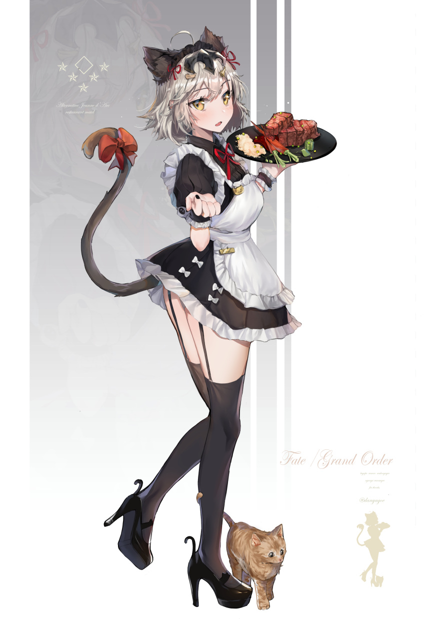 1girl absurdres ahoge alternate_costume animal_ears apron black_dress black_footwear black_legwear black_nails black_ribbon blush bow breasts cat cat_ears cat_tail danyagoe dress enmaided fate/grand_order fate_(series) frills full_body garter_straps hair_between_eyes highres holding holding_plate jeanne_d'arc_(alter)_(fate) jeanne_d'arc_(fate)_(all) large_breasts looking_at_viewer maid maid_apron maid_headdress nail_polish neck_ribbon open_mouth plate puffy_short_sleeves puffy_sleeves ribbon short_hair short_sleeves silver_hair solo tail tail_bow thigh-highs wrist_cuffs yellow_eyes
