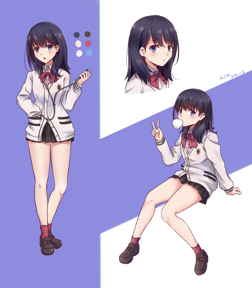 1girl artist_name bangs bare_legs black_hair black_skirt blue_eyes blush bow bowtie breasts cardigan collared_shirt commentary_request eyebrows_visible_through_hair face highres long_hair long_sleeves looking_at_viewer medium_breasts multiple_views pleated_skirt red_legwear red_neckwear school_uniform shirt simple_background sitting skirt socks solo ssss.gridman standing straight_hair takarada_rikka thighs white_cardigan white_shirt xjx