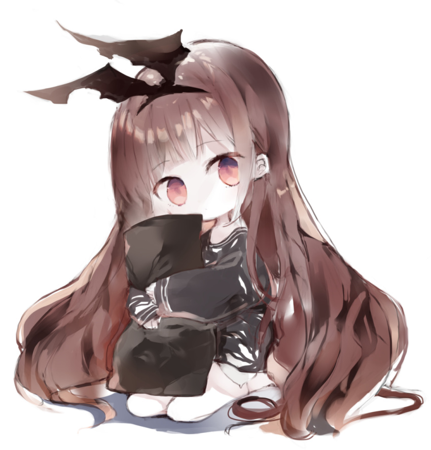 1girl black_hairband black_ribbon black_shirt brown_eyes brown_hair chibi closed_mouth full_body hair_ribbon hairband head_tilt kotatu_(akaki01aoki00) long_hair long_sleeves original pillow pillow_hug ribbon seiza shirt sitting sleeves_past_wrists solo torn_ribbon very_long_hair white_background