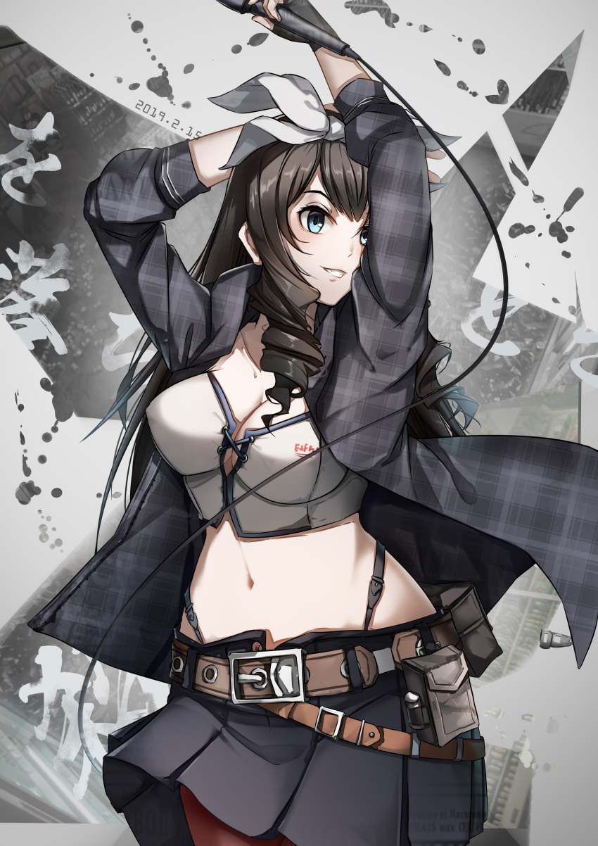 1girl absurdres alternate_costume arms_up belt belt_pouch black_gloves blue_eyes blue_jacket bow breasts brown_hair cable cleavage covered_nipples crop_top dated drill_hair drill_locks fingerless_gloves girls_frontline gloves grin hair_bow highres hip_focus holding holding_microphone howa_type_64_(girls_frontline) image_fill jacket large_breasts long_hair looking_to_the_side microphone navel open_clothes open_jacket pixiv_id_12457925 plaid_jacket pouch shirt smile solo strap white_bow white_shirt