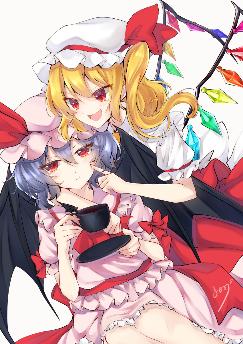2girls :d :i absurdres arms_up bat_wings blonde_hair blouse cheek_poking crystal cup dutch_angle fang feet_out_of_frame flandre_scarlet hair_between_eyes hat hat_ribbon highres holding holding_cup holding_saucer leaning_on_person legs_together looking_at_another looking_at_viewer mob_cap multiple_girls open_mouth pink_blouse pink_skirt poking puffy_short_sleeves puffy_sleeves red_eyes red_skirt red_vest remilia_scarlet ribbon saucer shirt short_hair short_sleeves siblings side_ponytail simple_background sisters sitting skirt smile solanikieru standing teacup touhou vest white_background white_shirt wings yokozuwari