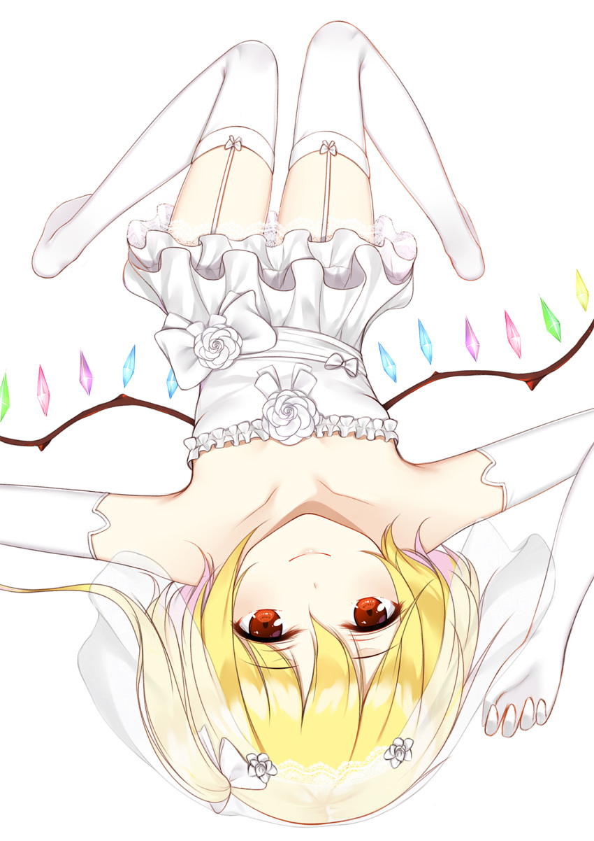 1girl alternate_costume arm_up bangs bare_shoulders blonde_hair bow collarbone commentary crystal dress elbow_gloves eyebrows_visible_through_hair flan_(seeyouflan) flandre_scarlet flat_chest flower frills garter_straps gloves hair_between_eyes highres lace_trim looking_at_viewer lying no_shoes on_back red_eyes rose short_dress short_hair simple_background smile solo strapless strapless_dress thigh-highs touhou veil wedding_dress white_background white_bow white_dress white_flower white_gloves white_legwear white_rose white_sash wings zettai_ryouiki