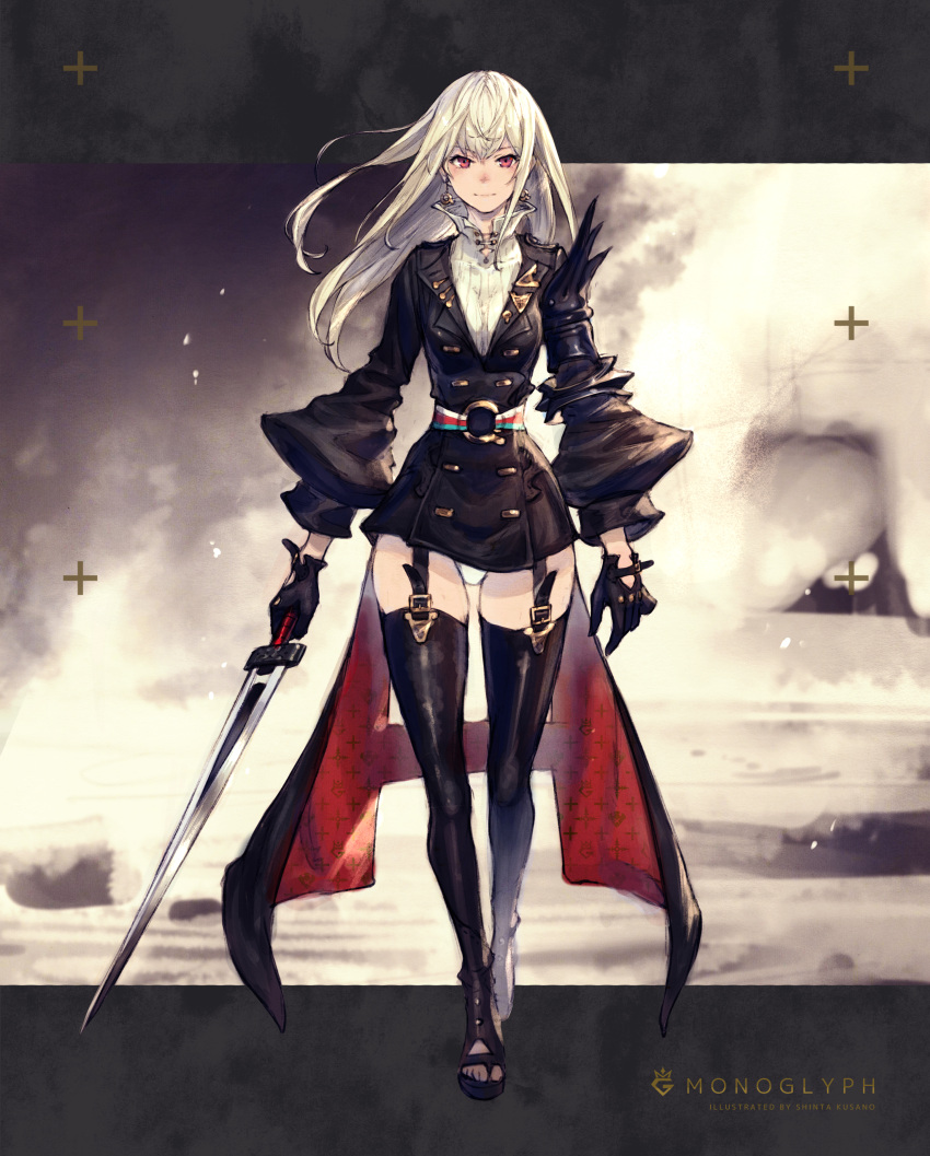1girl absurdres boots coat collarbone earrings garter_belt gloves highres jewelry kusano_shinta long_hair looking_at_viewer o-ring_belt original panties popped_collar red_eyes ribbed_sweater smile smoke solo sweater sword thigh-highs thigh_boots underwear weapon white_hair