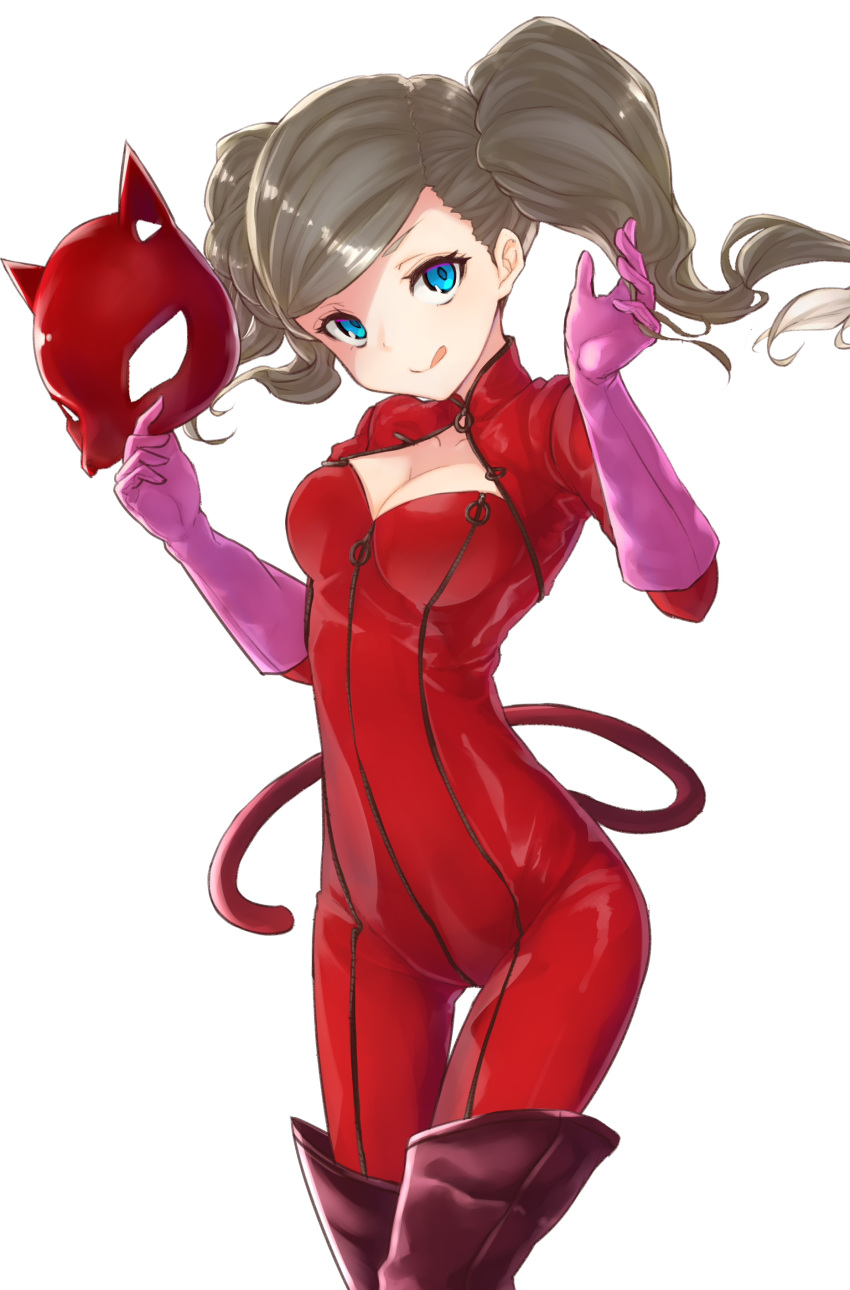 1girl :q absurdres atlus bangs blue_eyes bodysuit boots breasts brown_hair cleavage cleavage_cutout closed_mouth commentary_request cowboy_shot elbow_gloves fox_mask gloves highres holding holding_mask long_hair looking_back mask mask_removed medium_breasts orihiro0614 persona persona_5 pink_gloves purple_footwear red_bodysuit skin_tight smile solo super_smash_bros. swept_bangs takamaki_anne thigh-highs thigh_boots thigh_gap tongue tongue_out twintails