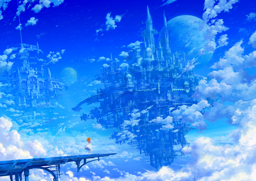 1girl blue_sky blue_theme castle clouds cloudy_sky day dress facing_away graphite_(medium) kaitan medium_hair orange_hair original planet scenery short_sleeves sky solo standing traditional_media walkway white_dress