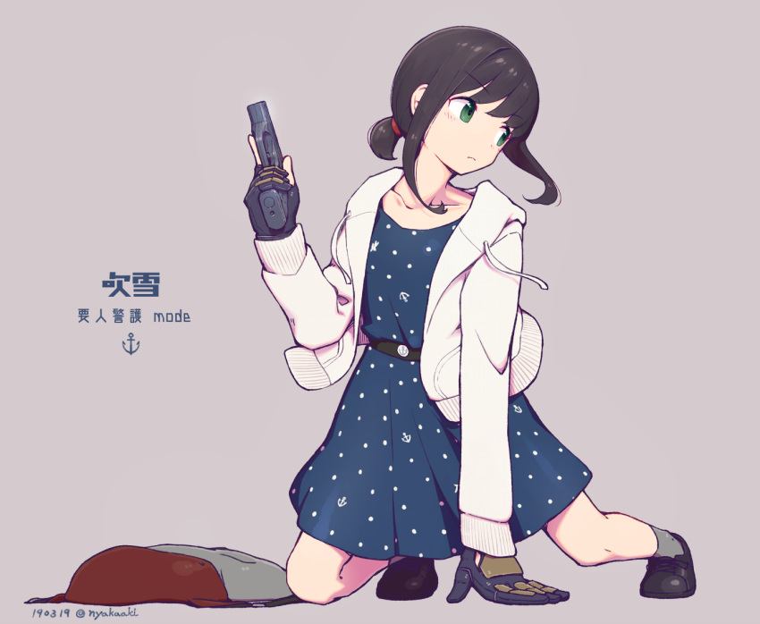 1girl alternate_costume anchor_print anchor_symbol arm_support backpack bag bangs belt black_hair blue_dress blush closed_mouth commentary_request drawstring dress eyebrows_visible_through_hair fingerless_gloves fubuki_(kantai_collection) full_body gloves green_eyes grey_background gun handgun holding holding_weapon hood hooded_jacket jacket kantai_collection kneeling looking_to_the_side low_ponytail nakaaki_masashi open_clothes polka_dot polka_dot_dress ponytail shoes short_ponytail sidelocks simple_background solo weapon white_jacket