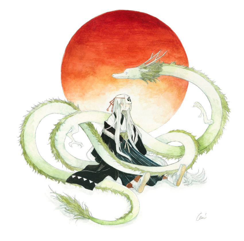 1girl absurdly_long_hair circle commentary_request covered_eyes dragon highres kamura_gimi long_hair original profile sandals signature sitting socks solo traditional_media very_long_hair watercolor_(medium) white_background white_footwear white_hair