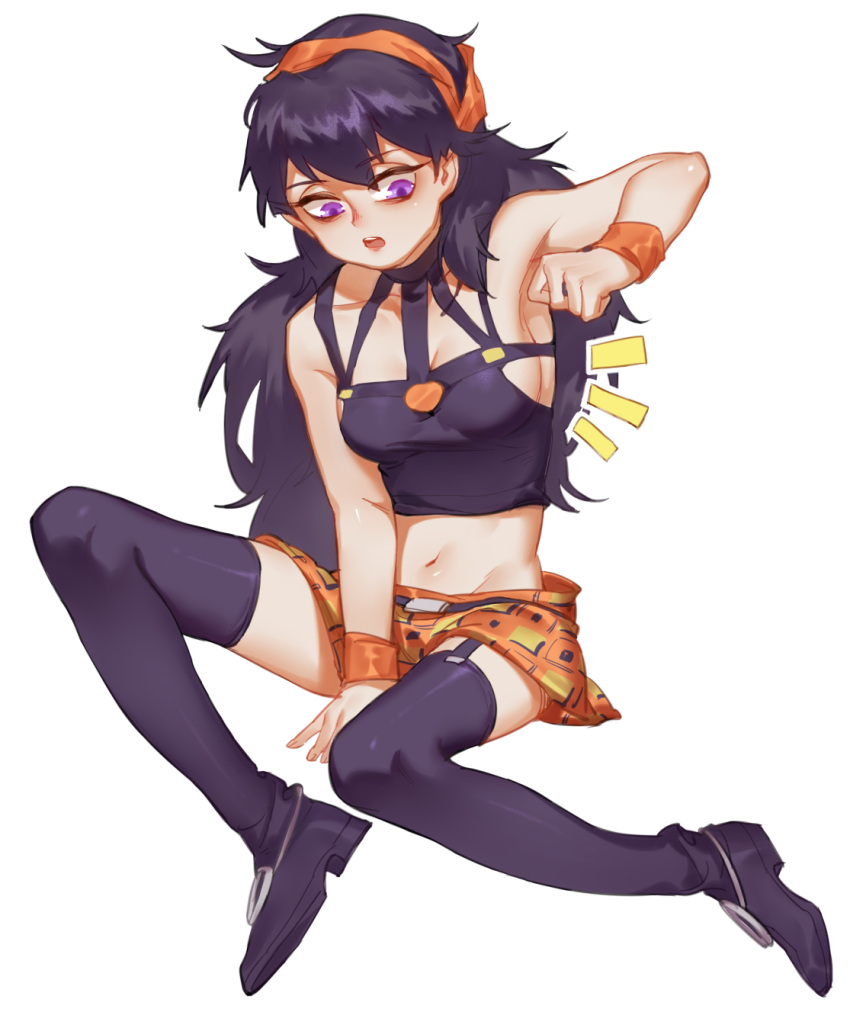 1girl arm_up armpits black_hair black_legwear garter_straps genderswap genderswap_(mtf) headband highres iroha741852963 jojo_no_kimyou_na_bouken long_hair midriff miniskirt narancia_ghirga purple_hair skirt solo thigh-highs vento_aureo violet_eyes wristband