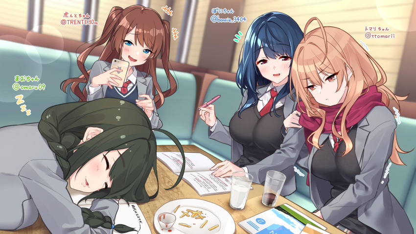 4girls ahoge baffu bangs black_hair black_vest blazer blue_eyes blush braid brown_eyes brown_hair character_request collared_shirt commentary_request copyright_request cup dress_shirt drinking_glass eyebrows_visible_through_hair fang food french_fries glass highres holding holding_phone jacket ketchup long_hair looking_at_another multiple_girls necktie notebook open_mouth pencil phone red_neckwear red_scarf restaurant resting scarf school_uniform seat shirt sidelocks sleeping table taking_picture twintails vest white_shirt writing