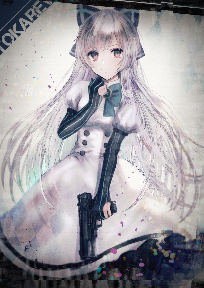 1girl argyle argyle_background black_bow blue_bow bow brooch buttons character_name closed_mouth commentary_request dated dress elbow_gloves girls_frontline gloves gun haduki_tohru hair_bow hand_on_own_chest handgun highres holding holding_gun holding_weapon jewelry juliet_sleeves long_hair long_sleeves looking_at_viewer partly_fingerless_gloves pistol puffy_sleeves red_eyes short_sleeves signature silver_hair smile solo striped tokarev_(girls_frontline) tokarev_tt-33 trigger_discipline vertical-striped_gloves vertical_stripes very_long_hair weapon white_dress