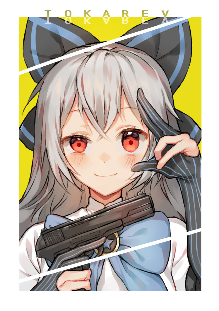 1girl black_bow blue_bow blue_stripes blush bow brooch character_name cyg38801 elbow_gloves girls_frontline gloves grey_hair gun hair_bow hand_on_own_face handgun highres holding holding_gun holding_weapon jewelry long_hair looking_at_viewer partly_fingerless_gloves pistol red_eyes short_sleeves smile solo striped tokarev_(girls_frontline) tokarev_tt-33 trigger_discipline upper_body vertical-striped_gloves vertical_stripes very_long_hair weapon wide-eyed yellow_background