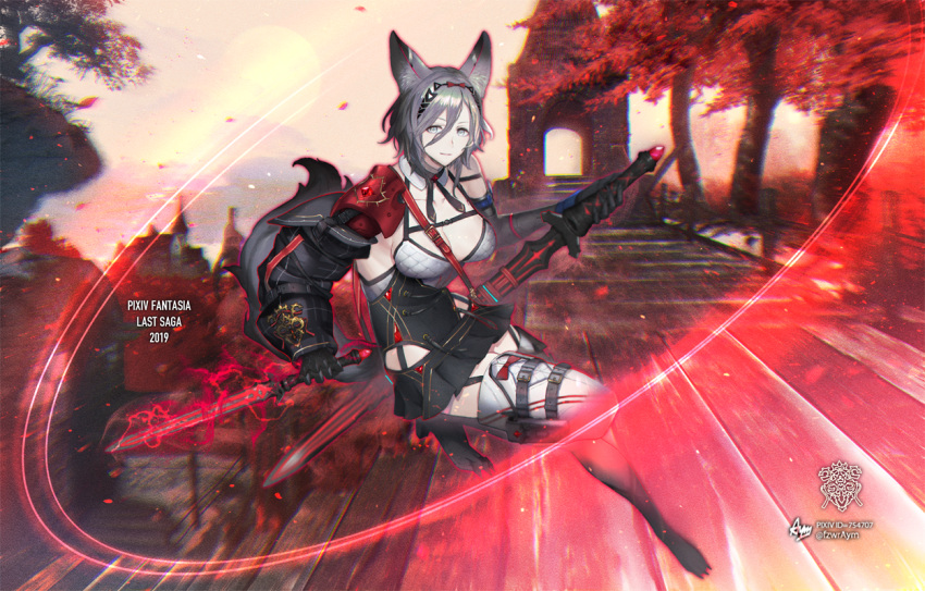 1girl animal_ears artist_name aym black_gloves black_neckwear black_skirt blurry blurry_background boots breasts copyright_name dated day detached_collar dual_wielding ekurerutoaru elbow_gloves garter_straps gloves grey_eyes grey_hair hair_between_eyes holding large_breasts looking_at_viewer motion_blur outdoors paws pixiv_fantasia_last_saga sheath short_hair shoulder_armor skirt slashing solo stairs tail thigh-highs thigh_boots watermark white_footwear wolf_ears wolf_tail