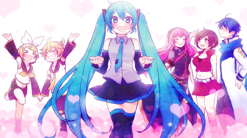 &gt;_&lt; 2boys 4girls :d ^_^ belt black_skirt blonde_hair blue_eyes blue_hair blue_nails blue_neckwear blue_scarf blush breasts brown_hair closed_eyes closed_eyes coat commentary_request crop_top cupping_hands detached_sleeves eyebrows_visible_through_hair fingernails flat_chest floating_hair gradient gradient_background grey_shirt grin hair_between_eyes hair_ornament hair_ribbon hairband hairclip happy hatsune_miku heart heart_background kagamine_len kagamine_rin kaito light_smile long_hair looking_up medium_breasts megurine_luka meiko multiple_boys multiple_girls nail_polish navel necktie open_mouth outstretched_arm outstretched_hand pink_background pink_hair profile red_skirt ribbon sailor_collar scarf shirt short_hair shorts simple_background skirt sleeveless sleeveless_shirt smile standing standing_on_one_leg thigh-highs tsuyuka_(sunny_spot) twintails very_long_hair vocaloid white_background white_ribbon white_shirt