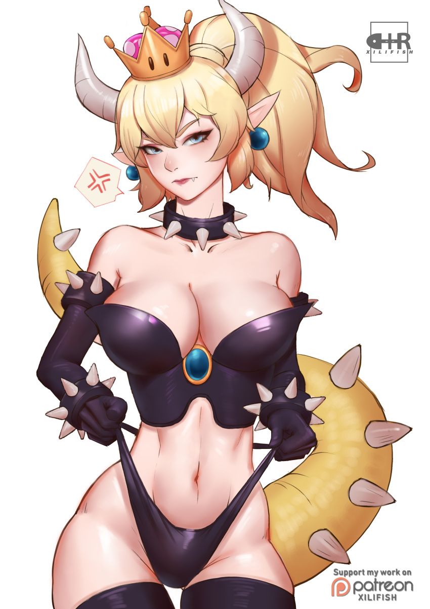 1girl absurdres anger_vein artist_name black_gloves black_legwear black_panties blonde_hair blue_earrings blue_eyes bowsette bracelet breasts cleavage collar collarbone cowboy_shot crop_top crown dress earrings elbow_gloves fang_out gloves highres horns jewelry large_breasts looking_at_viewer midriff navel nintendo no_pants panties panty_pull patreon_logo pink_lips pointy_ears ponytail simple_background solo speech_bubble spiked_armlet spiked_bracelet spiked_collar spiked_tail spikes spoken_anger_vein strapless strapless_dress super_crown tail thigh-highs underwear white_background xili_fish
