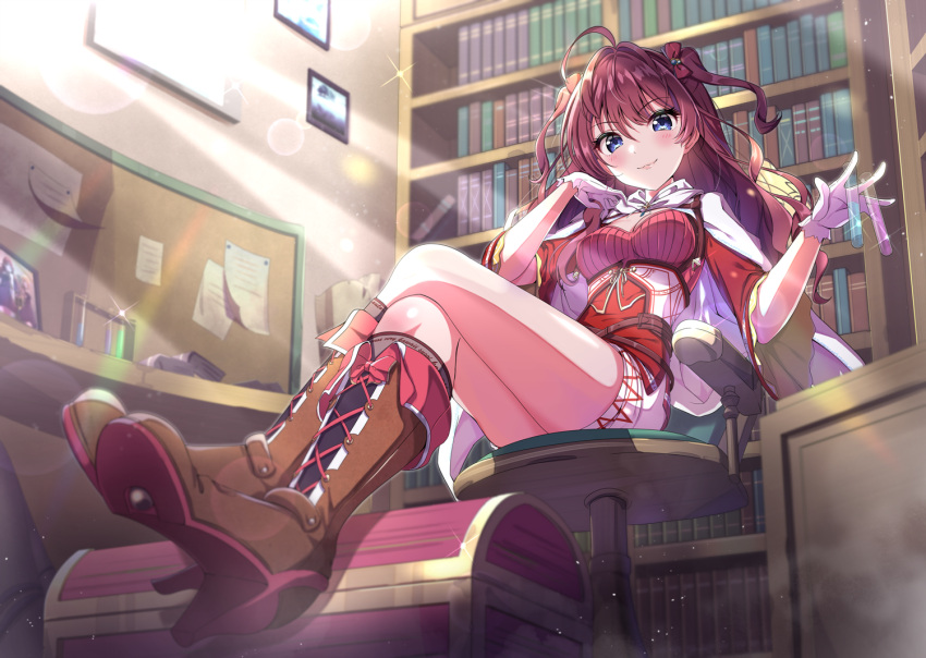 1girl :3 ahoge bangs bare_legs belt blue_eyes blush bookshelf boots bow breasts brown_footwear brown_hair cape chair chest closed_mouth corkboard cross-laced_footwear day dress eyebrows_visible_through_hair full_body gloves hair_between_eyes hair_bow high_heel_boots high_heels ichinose_shiki idolmaster idolmaster_cinderella_girls indoors kneehighs legs_crossed lips long_hair looking_at_viewer medium_breasts office_chair picture_(object) red_bow short_dress sitting smile solo sutoroa table test_tube two_side_up wall wavy_hair white_cape white_gloves