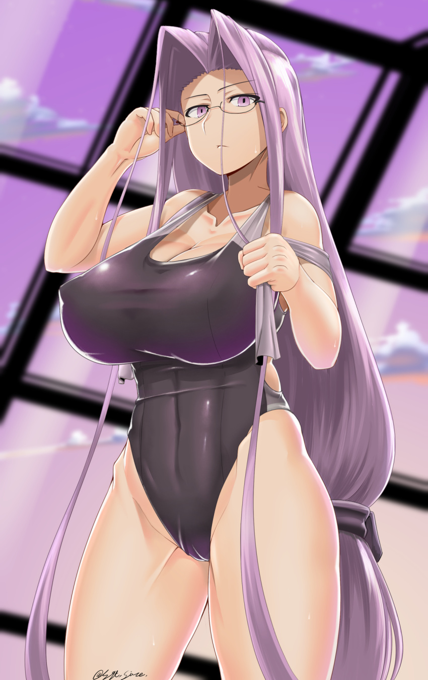 1girl adjusting_eyewear bare_shoulders black_swimsuit breasts clouds collarbone commentary_request covered_navel covered_nipples fate/stay_night fate_(series) hair_intakes highres huge_breasts long_hair looking_at_viewer one-piece_swimsuit purple_hair rei_no_pool rider saizu_nitou_gunsou signature sky solo swimsuit thighs tied_hair very_long_hair violet_eyes