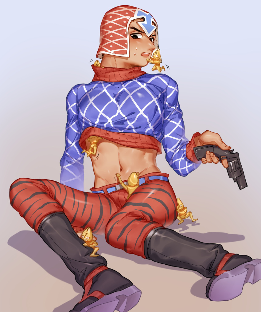 1boy absurdres animal_print argyle argyle_sweater black_eyes boots guido_mista gun highres iroha741852963 jojo_no_kimyou_na_bouken midriff sex_pistols_(stand) shirt_lift solo stand_(jojo) sweater tiger_print turtleneck turtleneck_sweater vento_aureo weapon