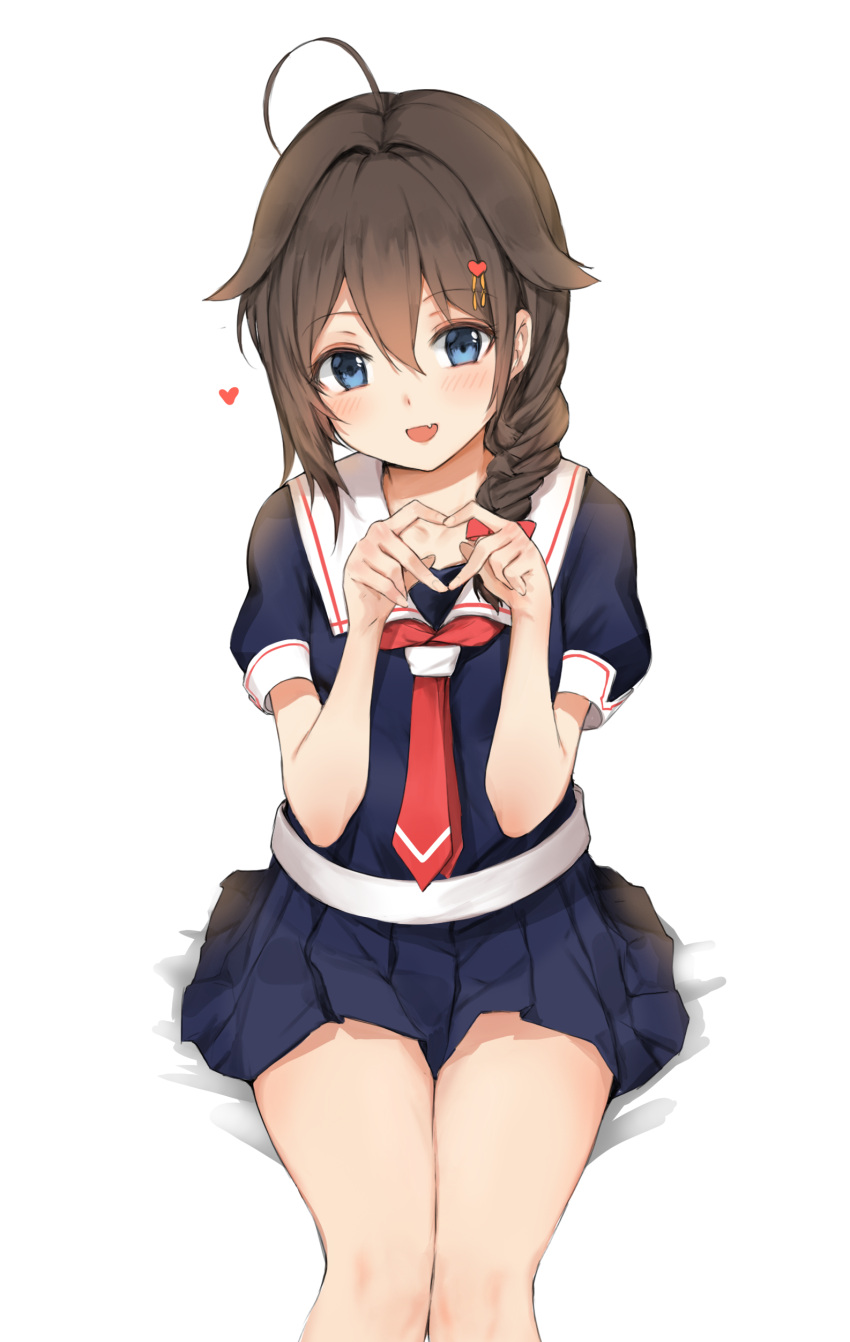 1girl absurdres ahoge bangs black_serafuku blue_eyes blush braid broche_(timpet) brown_hair collarbone commentary_request eyebrows_visible_through_hair fang hair_between_eyes hair_flaps hair_ornament hair_over_shoulder hair_ribbon hairclip heart heart_hands highres kantai_collection looking_at_viewer neckerchief open_mouth pleated_skirt red_neckwear remodel_(kantai_collection) ribbon school_uniform serafuku shigure_(kantai_collection) simple_background single_braid sitting skirt smile solo spoken_heart white_background