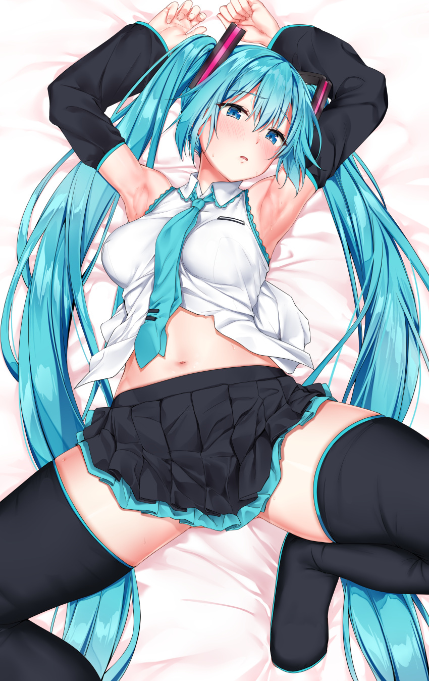 1girl absurdres aqua_hair aqua_neckwear armpits arms_up bangs black_legwear blue_eyes blush boots breasts collared_shirt detached_sleeves grey_skirt hair_between_eyes hair_ornament hatsune_miku head_tilt highres huge_filesize jaku_denpa long_hair looking_at_viewer lying medium_breasts navel necktie on_back open_mouth pleated_skirt pocket shirt sidelocks skindentation skirt sleeveless sleeveless_shirt solo stomach sweat thigh-highs thigh_boots twintails very_long_hair vocaloid white_shirt