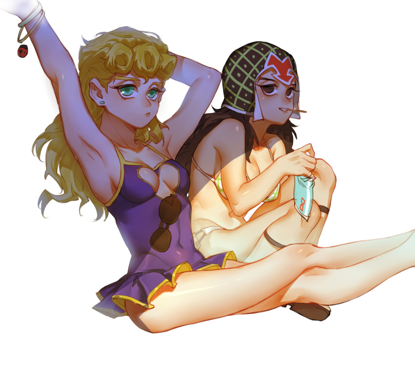 2girls bikini black_eyes black_hair blonde_hair blue_eyes bracelet cleavage_cutout eyewear_removed genderswap genderswap_(mtf) giorno_giovanna green_eyes guido_mista hair_down hat heart_cutout highres iroha741852963 jewelry jojo_no_kimyou_na_bouken long_hair multiple_girls one-piece_swimsuit swimsuit swimsuit_skirt vento_aureo