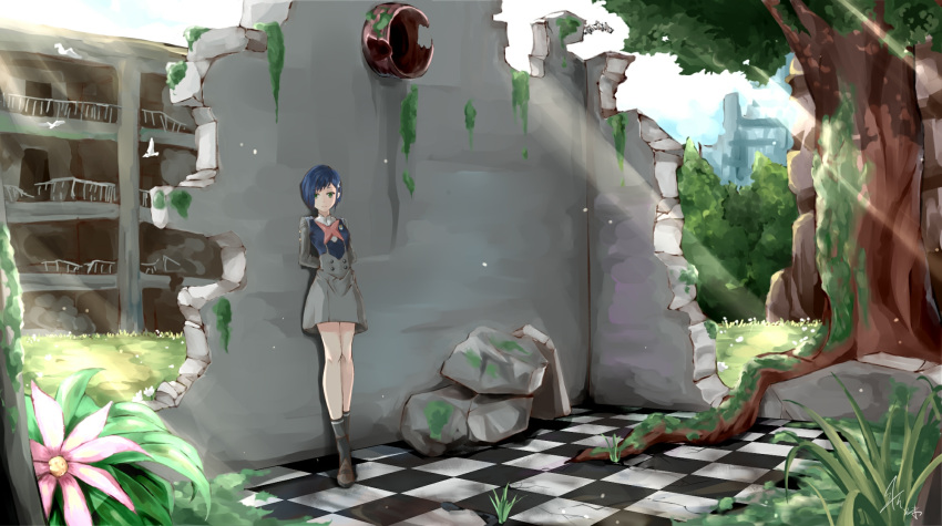 1girl bangs bird black_legwear blue_hair brown_footwear checkered checkered_floor darling_in_the_franxx flower green_eyes highres ichigo_(darling_in_the_franxx) kiaji_(pixiv7643817) legs light_beam loafers looking_at_viewer plant ruins shoes skirt smile solo swept_bangs tree