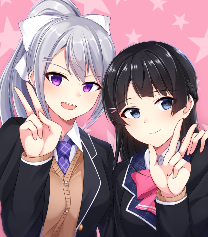 2girls :d black_hair black_jacket black_rabbit blue_eyes bow brown_cardigan eyebrows_visible_through_hair hair_bow hair_ornament hairclip hand_on_another's_shoulder high_ponytail highres higuchi_kaede jacket long_hair long_sleeves mole mole_under_eye multiple_girls necktie nijisanji open_clothes open_jacket open_mouth pink_neckwear purple_neckwear school_uniform shiny shiny_hair silver_hair smile tsukino_mito upper_body v violet_eyes virtual_youtuber w white_bow