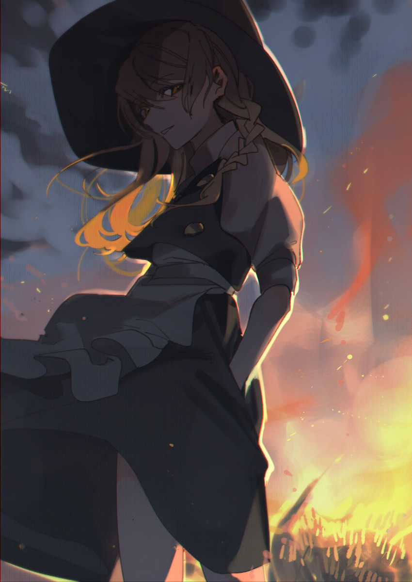 1girl absurdres apron black_headwear black_skirt black_vest blonde_hair bow braid buttons clouds cloudy_sky cowboy_shot dress from_below hair_between_eyes hands_in_pockets hat hat_bow highres kirisame_marisa looking_at_viewer medium_hair outdoors puffy_short_sleeves puffy_sleeves shi_chimi shirt short_sleeves single_braid skirt skirt_set sky solo standing sunset touhou turtleneck vest waist_apron white_apron white_shirt witch_hat yellow_eyes