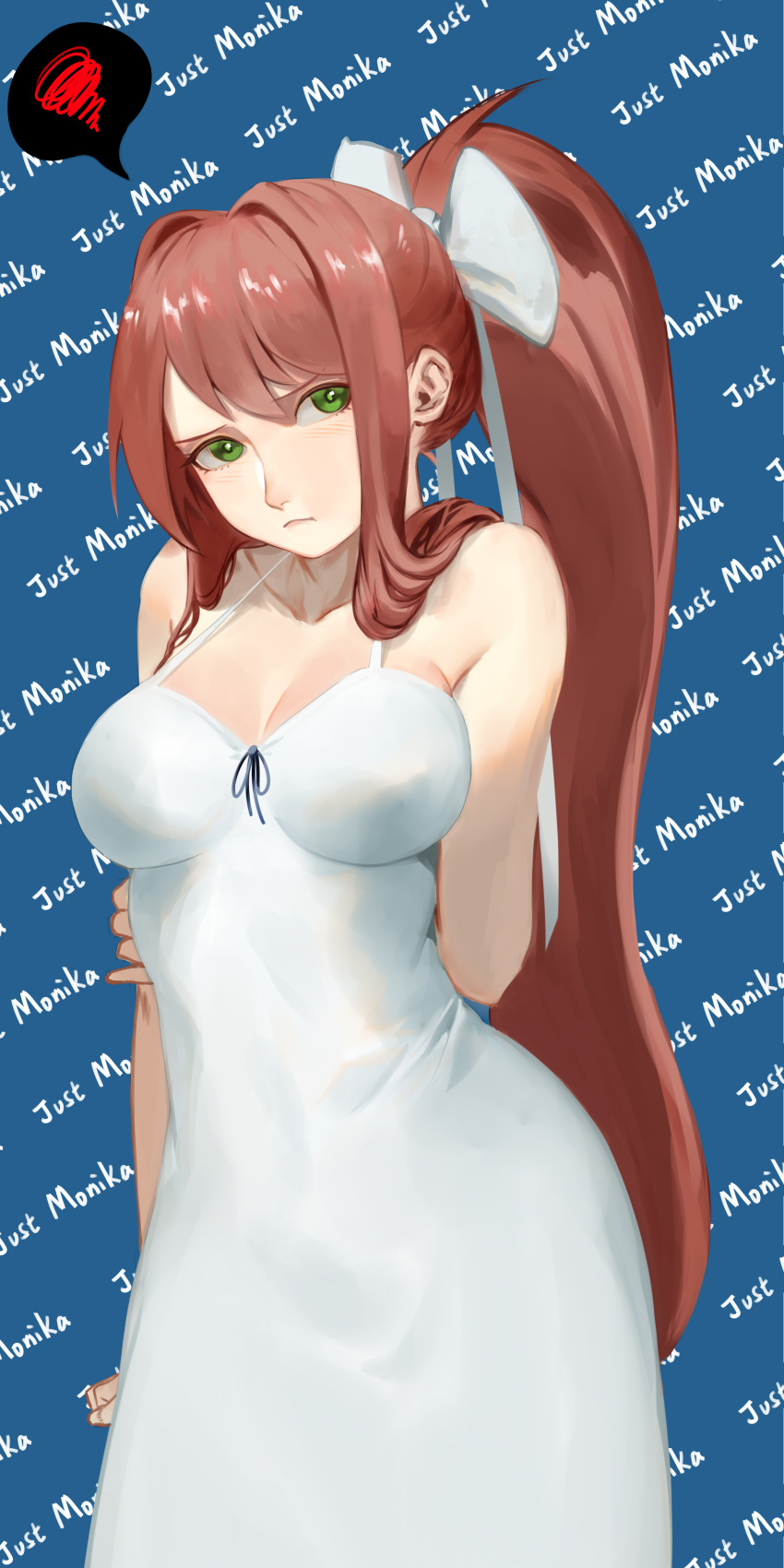 :t absurdres arm_behind_back arm_grab blue_background breasts brown_hair cleavage clenched_hand collarbone contrapposto doki_doki_literature_club english_text green_eyes high_ponytail highres medium_breasts monika_(doki_doki_literature_club) odakojirou ponytail ribbon white_ribbon