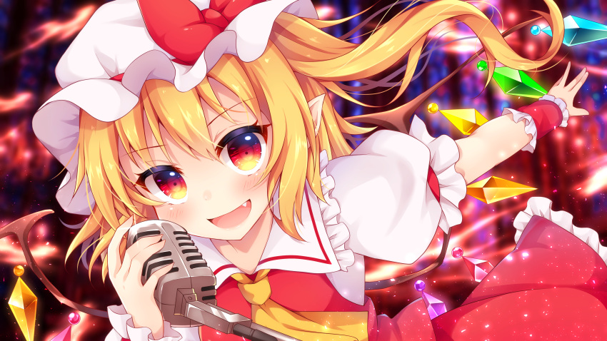 1girl :d absurdres ascot bangs blonde_hair blush bow commentary_request crystal eyebrows_visible_through_hair fang flandre_scarlet frilled_shirt_collar frills hand_up hat hat_bow highres holding holding_microphone light_particles long_hair looking_at_viewer microphone miy@ mob_cap one_side_up open_mouth petticoat puffy_short_sleeves puffy_sleeves red_bow red_eyes red_skirt red_vest shirt short_sleeves skirt skirt_set smile solo touhou vest white_hat white_shirt wings wrist_cuffs yellow_neckwear