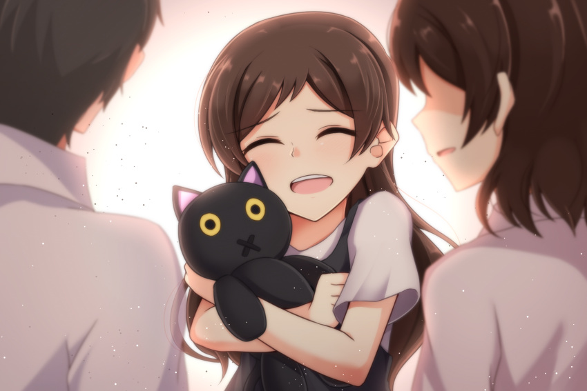 1boy 2girls black_rabbit brown_hair closed_eyes eyebrows_visible_through_hair floating_hair grey_shirt highres holding holding_stuffed_animal idolmaster idolmaster_million_live! kitazawa_shiho long_hair multiple_girls open_mouth parent_and_child shirt short_hair short_sleeves stuffed_animal stuffed_toy white_background