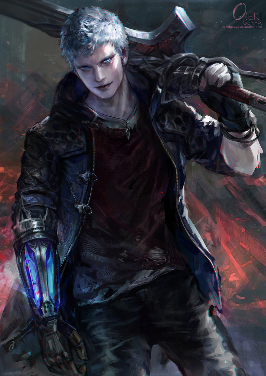 1boy artist_name blue_eyes blue_jacket blurry blurry_background devil_may_cry devil_may_cry_5 fingerless_gloves gloves glowing highres hood hood_down hooded_jacket jacket jewelry mechanical_arm necklace nero_(devil_may_cry) open_clothes open_jacket oreki_genya over_shoulder parted_lips red_queen_(sword) shirt short_hair silver_hair single_glove smile solo standing sword torn_clothes torn_shirt very_short_hair weapon weapon_over_shoulder