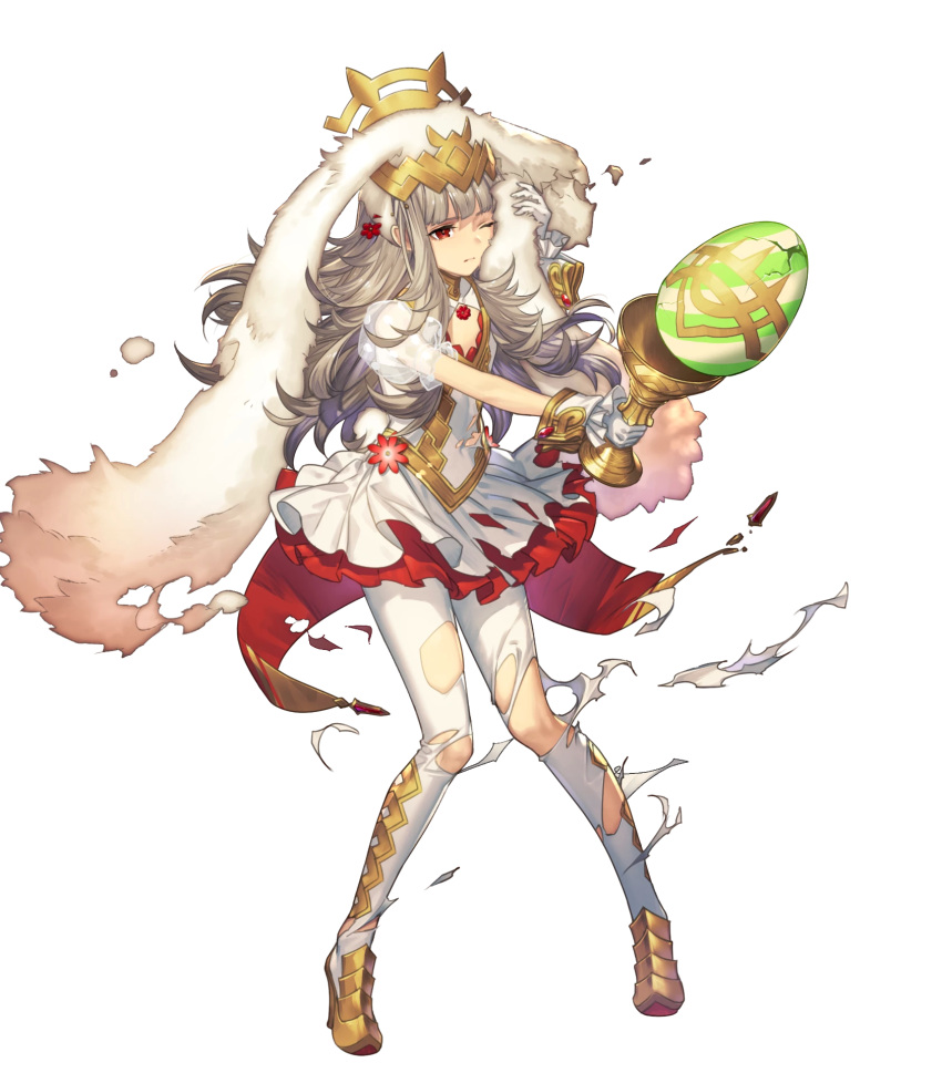 1girl animal_ears bangs closed_mouth dress fire_emblem fire_emblem_heroes flat_chest full_body gloves hair_ornament high_heels highres nintendo official_art one_eye_closed pantyhose puffy_short_sleeves puffy_sleeves rabbit_ears red_eyes see-through short_dress short_sleeves silver_hair solo transparent_background umiu_geso veronica_(fire_emblem) white_gloves