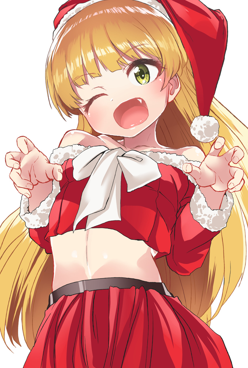 1girl ;d blonde_hair bow claw_pose crop_top fang fur-trimmed_shirt green_eyes hat head_tilt highres idolmaster idolmaster_cinderella_girls jougasaki_rika long_hair long_sleeves midriff off-shoulder_shirt off_shoulder one_eye_closed open_mouth red_hat red_shirt red_skirt santa_costume santa_hat shift_(waage) shirt skirt smile solo two_side_up very_long_hair white_bow