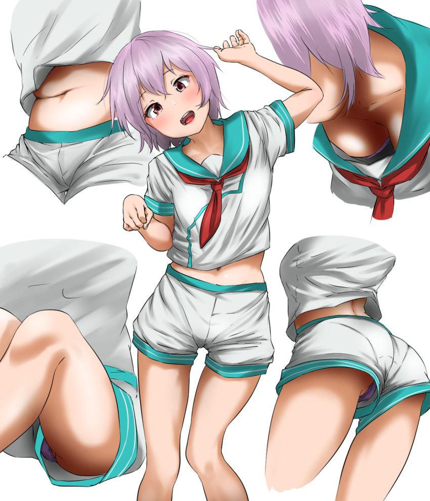 1girl blush breasts eyebrows_visible_through_hair hair_between_eyes hair_ornament highres kantai_collection navel neckerchief open_mouth paw_pose pink_hair red_eyes sailor_collar school_uniform serafuku shirt short_hair short_sleeves shorts small_breasts solo tama_(kantai_collection) tama_(seiga46239239)