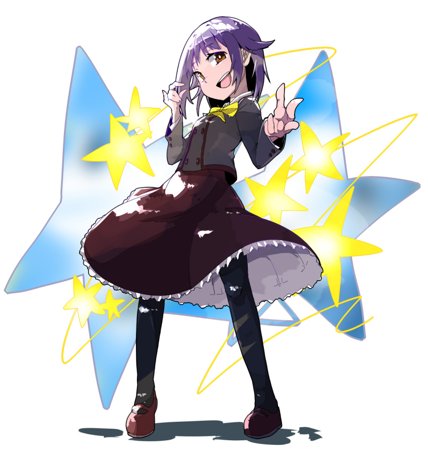 1girl :d bangs black_legwear bow bowtie brown_eyes buttons eyebrows_visible_through_hair full_body hands_up head_tilt highres idolmaster idolmaster_cinderella_girls jamir koshimizu_sachiko legs_apart long_sleeves mary_janes open_mouth pantyhose purple_hair red_footwear red_skirt shoes short_hair skirt smile solo standing star teeth yellow_bow yellow_neckwear