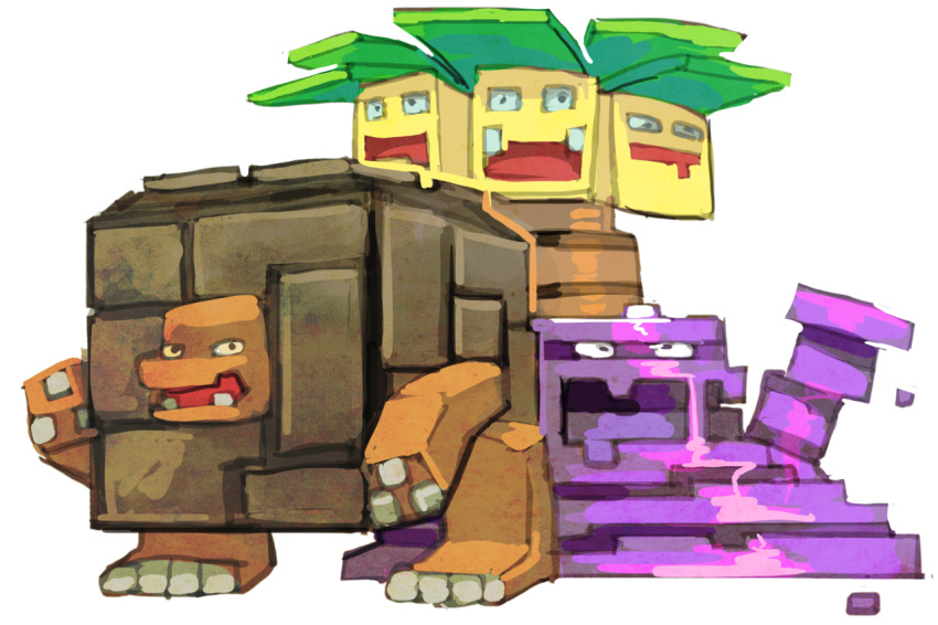 bummerdude commentary creature creatures_(company) english_commentary exeggutor full_body game_freak gen_1_pokemon golem_(pokemon) looking_at_viewer muk nintendo no_humans pokemon pokemon_(creature) simple_background white_background