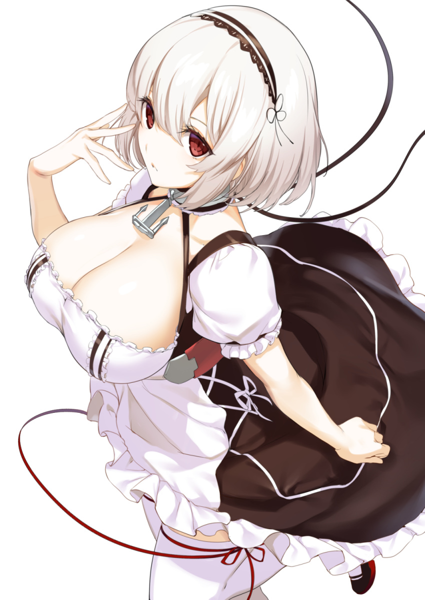 1girl anchor apron azur_lane bangs blush breasts choker cleavage collarbone commentary_request dress eyebrows_visible_through_hair frilled_sleeves frills from_above hair_between_eyes hairband highres ikomochi lace-trimmed_hairband large_breasts looking_at_viewer maid maid_apron puffy_sleeves red_eyes short_hair short_sleeves sidelocks simple_background sirius_(azur_lane) solo thigh-highs white_background white_hair white_legwear zettai_ryouiki